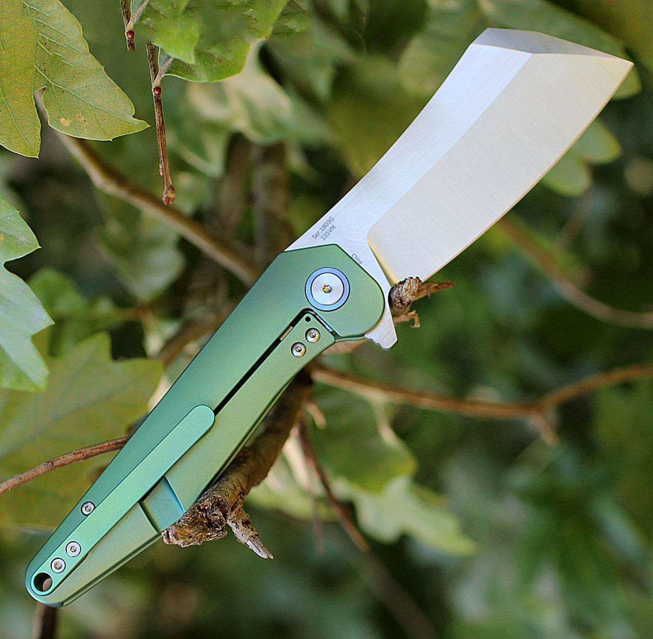 Artisan Osprey ATZ1803GGNS, 3.74" S35VN Plain Blade, Green TC4 Titanium Handle