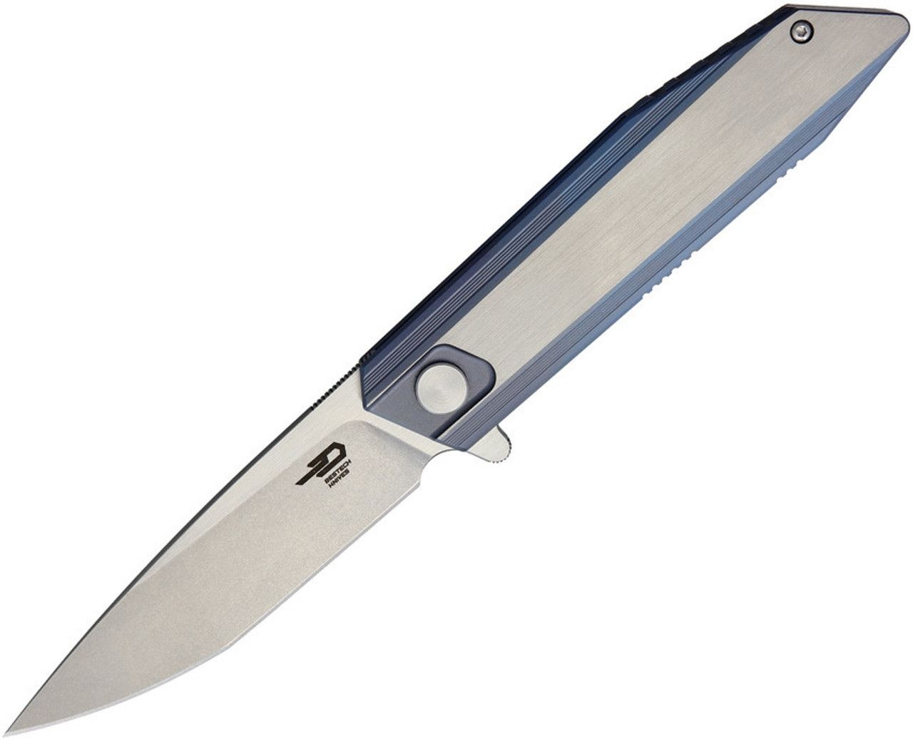Bestech BT1701C Shogun, 3.54" CPM-S35VN Stonewash Plain Blade, Blue/Silver Titanium Handle