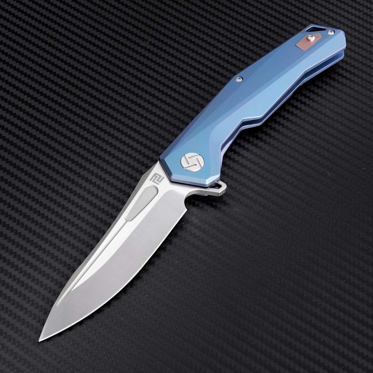 Artisan Zumwalt ATZ1808GBUS, 3.78" S35VN Plain Blade, Blue Titanium Handle