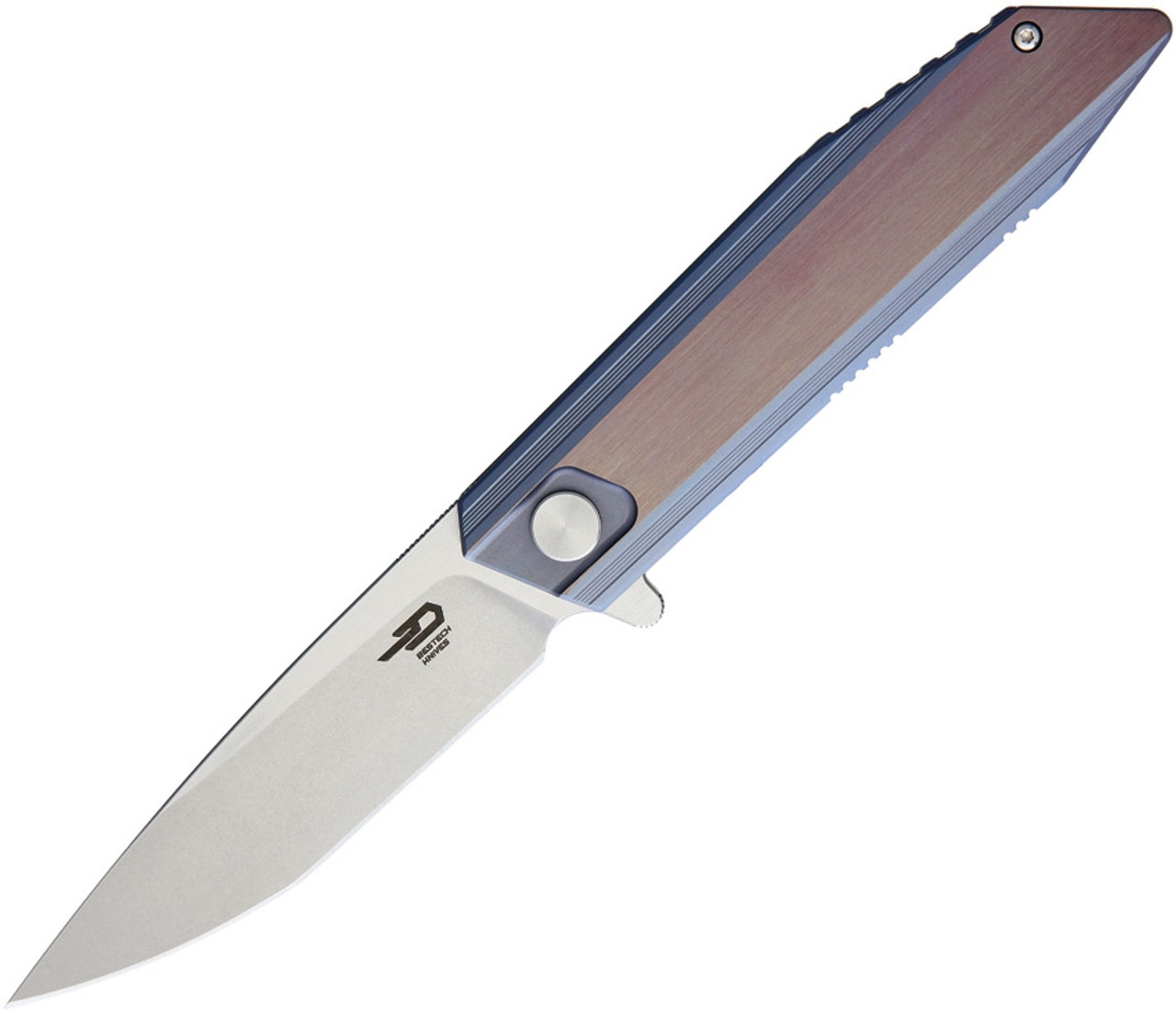 Bestech BT1701D Shogun, 3.54" CPM-S35VN Stonewash Plain Blade, Blue/Bronze Titanium Handle