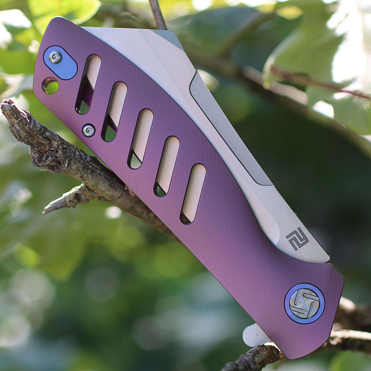 Artisan Tomahawk ATZ1815GREM, 3.75" M390 Plain Blade, Purple/Pink Titanium Handle