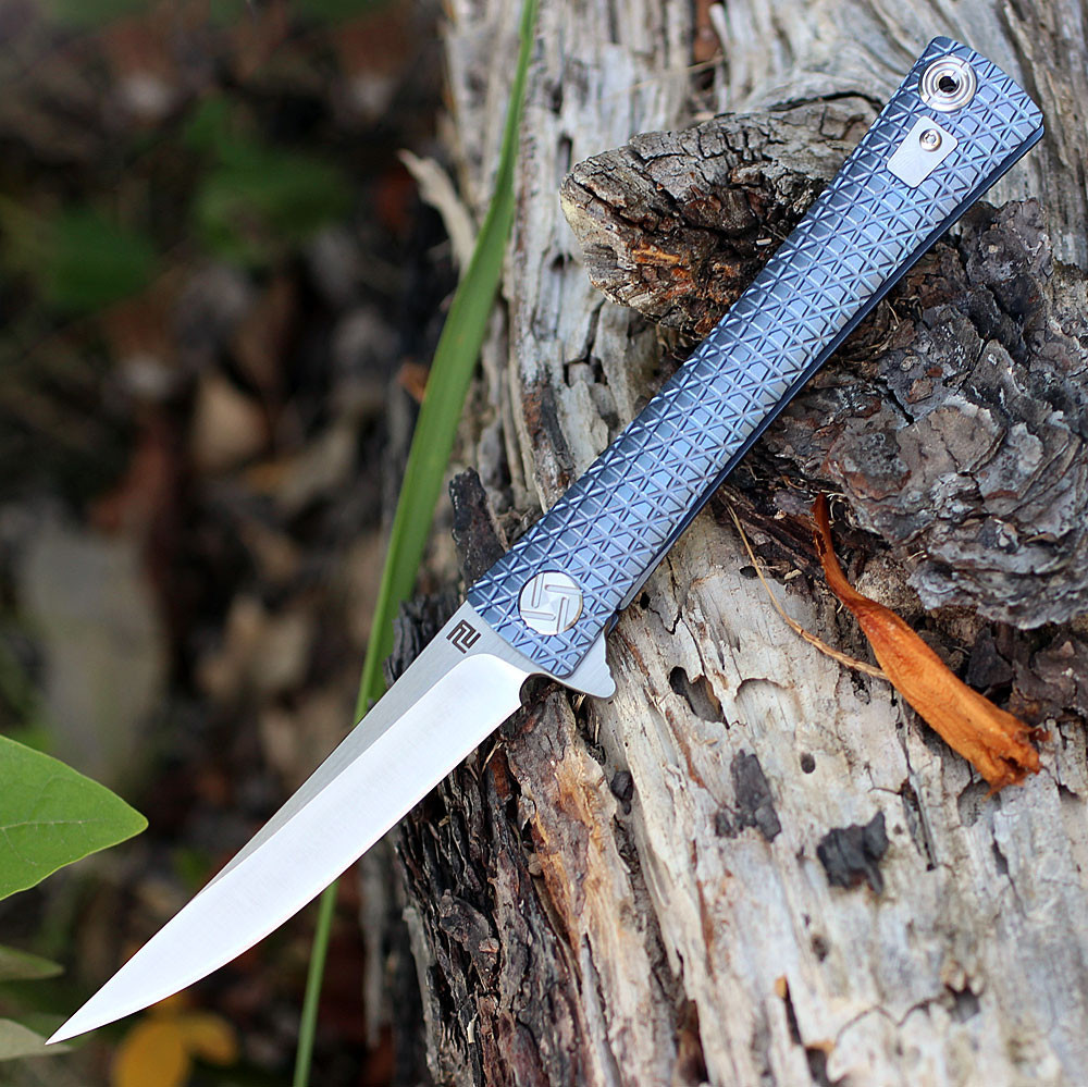 Artisan ATZ1805GBUS S Waistline, 4" S35VN Plain Blade, Blue Titanium Handle