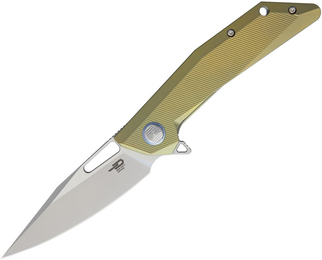 Bestech T1802D Shrapnel, 3.5" CPM-S35VN Plain Blade, Gold Titanium Handle