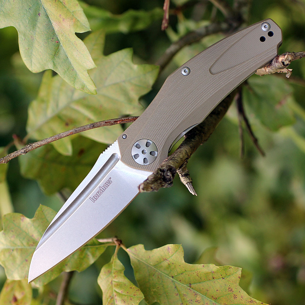 Kershaw Natrix 7007TAN open profile view showing the stonewash 8Cr13MoV blade and Tan G-10 handle scales.