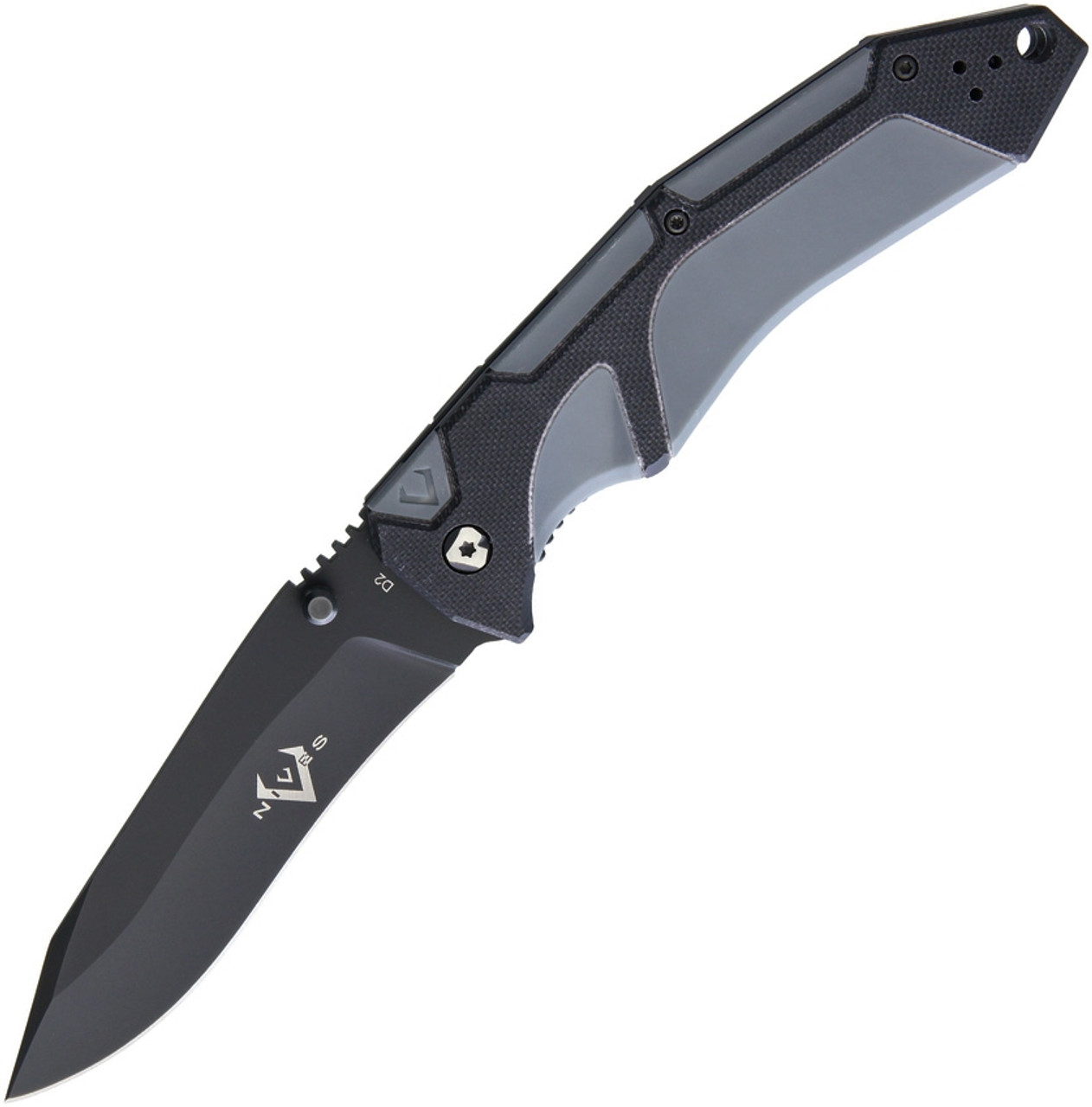 V Nives 30169 Fractal Assist, 3.6" Black D2 Plain Blade, Black G-10 Gray FRN Inlay Handle