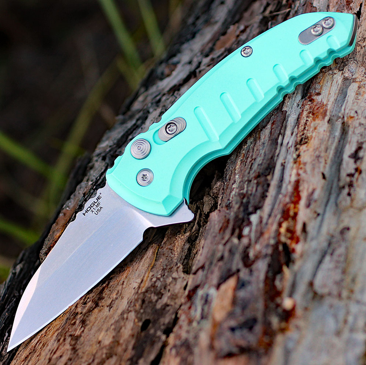 Hogue X1-Microflip (HO24163) 2.63" CPM-154 Stonewashed Wharncliffe Plain Blade, Teal Aluminum Handle, Black Nylon Zippered Storage Case