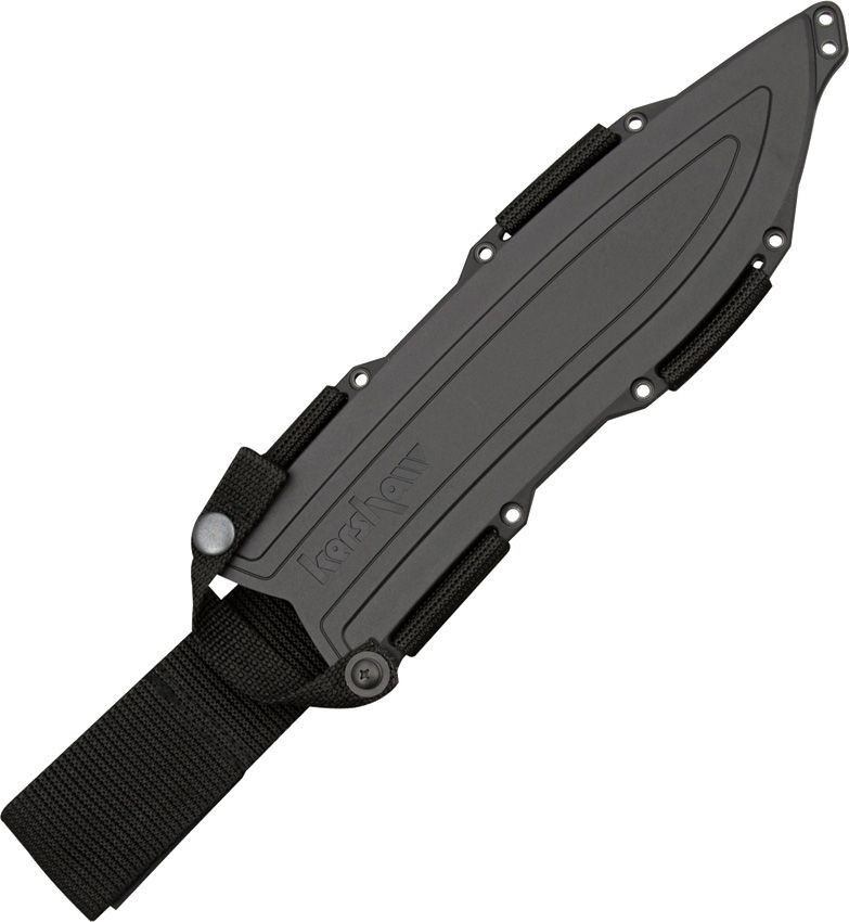 Kershaw Camp 10 1077 outdoor machete view showing the 10-inch black powdercoated 65Mn carbon steel blade and rubberized Sure-Grip handle.