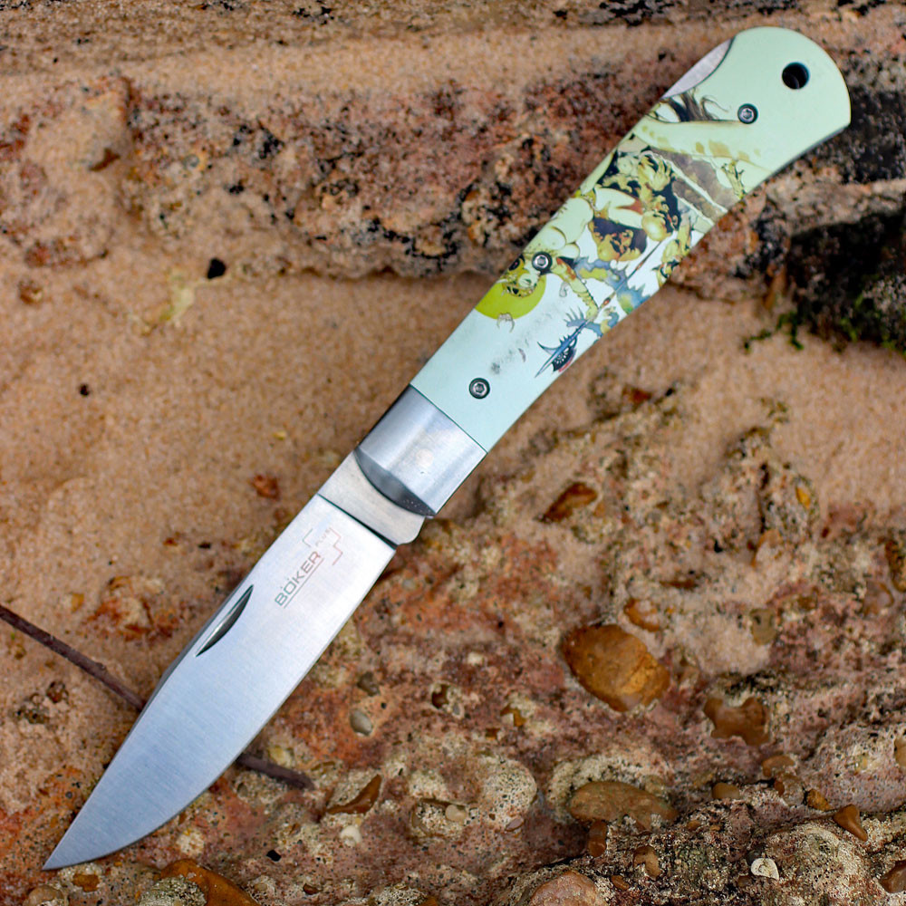 Boker Plus 01BO653 Lockback Frazetta, 3.7" 440C Plain Blade, Aluminum Handle