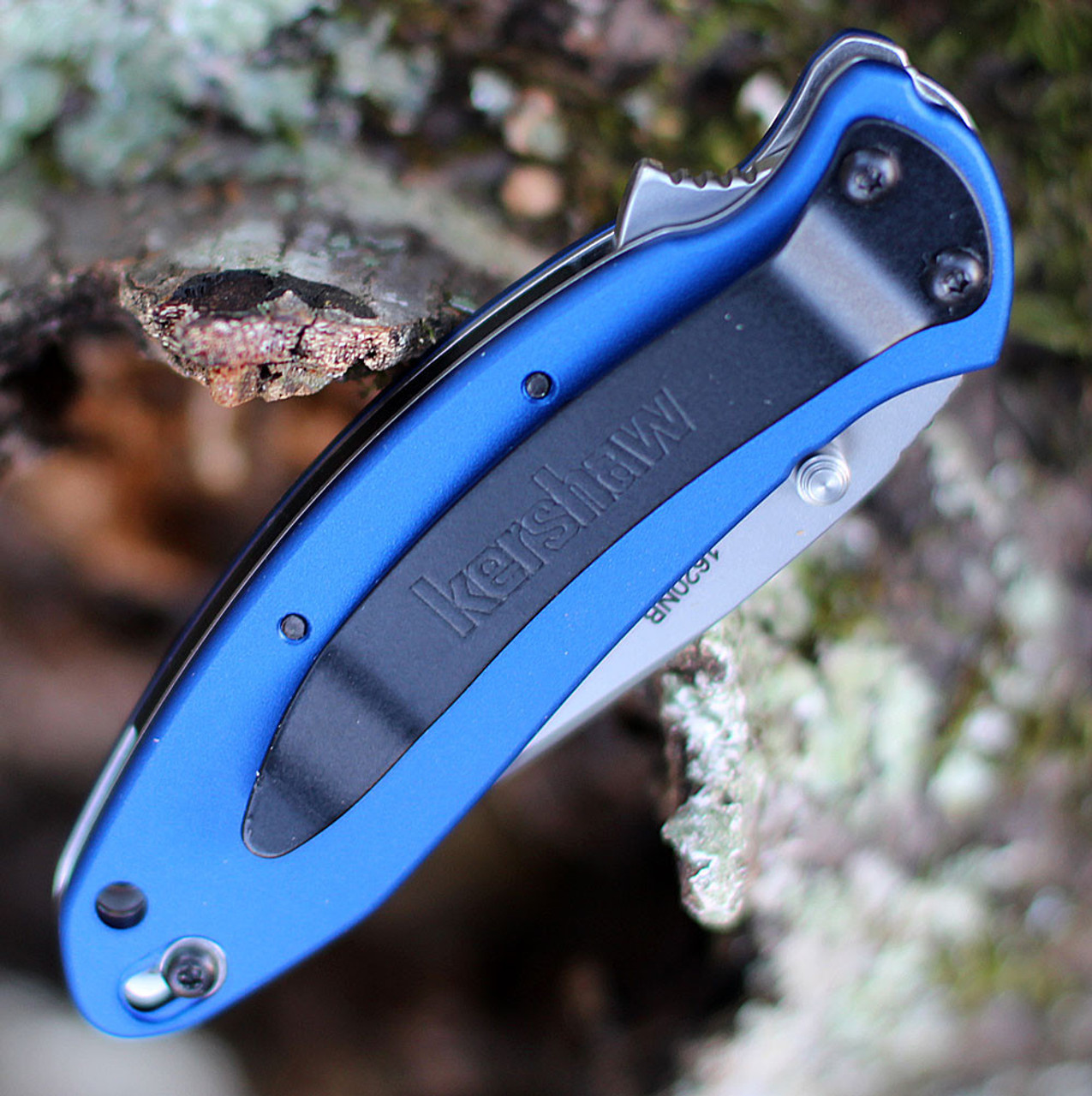Kershaw Scallion Assisted Opening Knife (1620NB)- 2.40" Stonewashed 420HC Drop Point Blade, Navy Blue Aluminum Handle