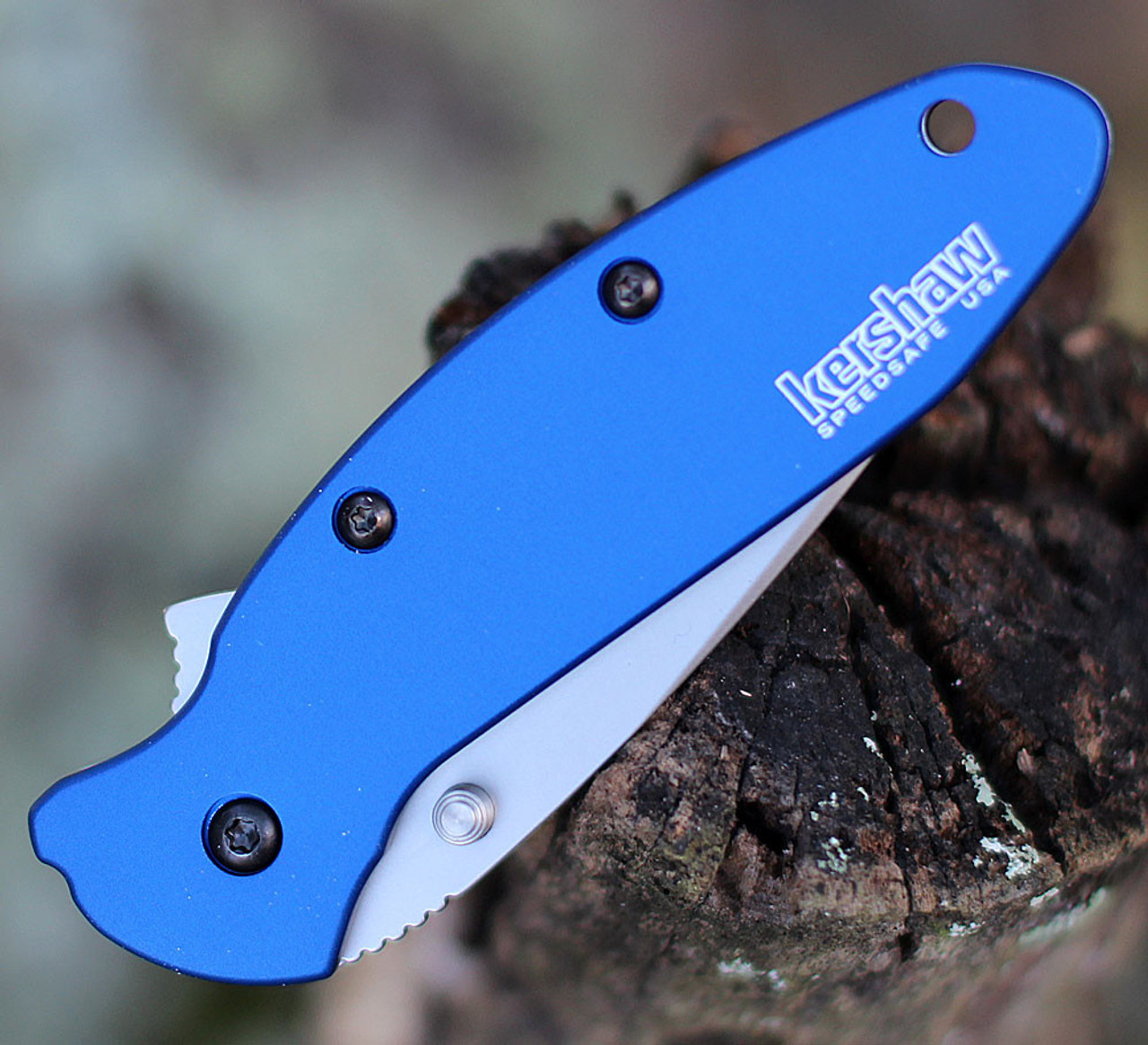 Kershaw Scallion Assisted Opening Knife (1620NB)- 2.40" Stonewashed 420HC Drop Point Blade, Navy Blue Aluminum Handle
