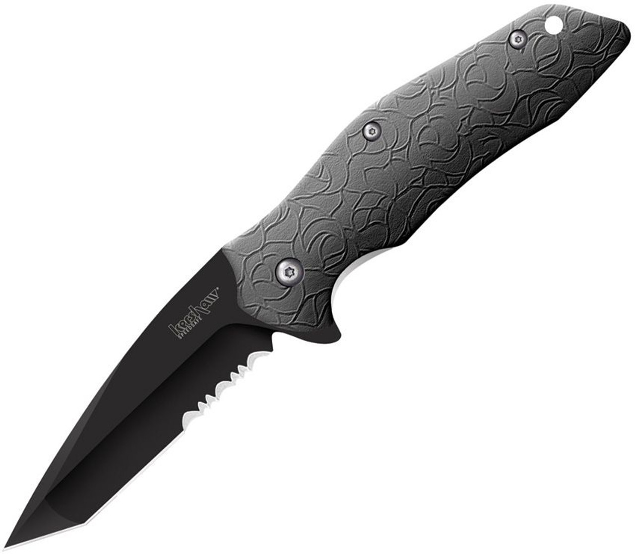 Kershaw Kuro Assisted Opening Knife (1835TBLKST)- 3.10" Black 8Cr13MoV Partially Serrated Tanto Blade, Black GFN Handle