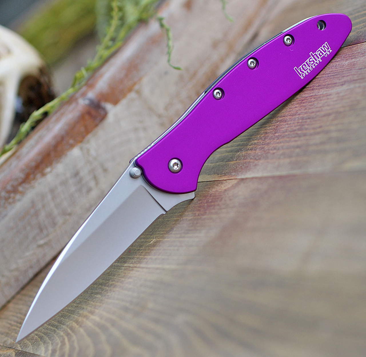 Kershaw Leek Assisted Opening Knife (1660PUR)- 3.00" Stonewashed Sandvik 14C28N Drop Point Blade, Purple Aluminum Handle