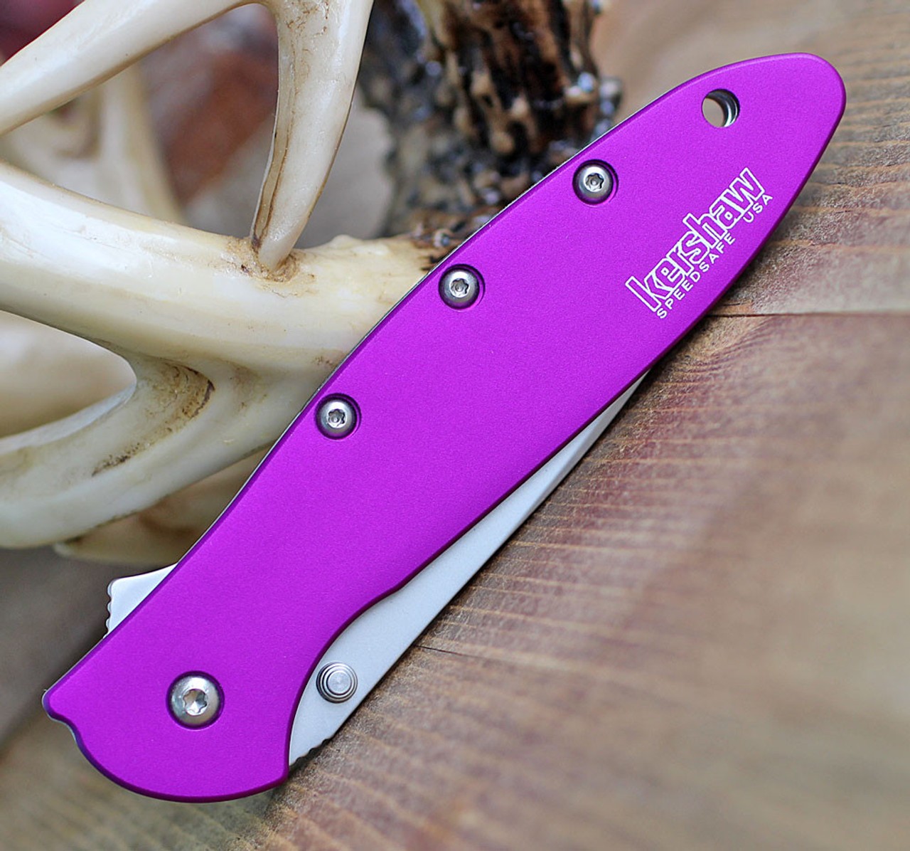 Kershaw Leek Assisted Opening Knife (1660PUR)- 3.00" Stonewashed Sandvik 14C28N Drop Point Blade, Purple Aluminum Handle
