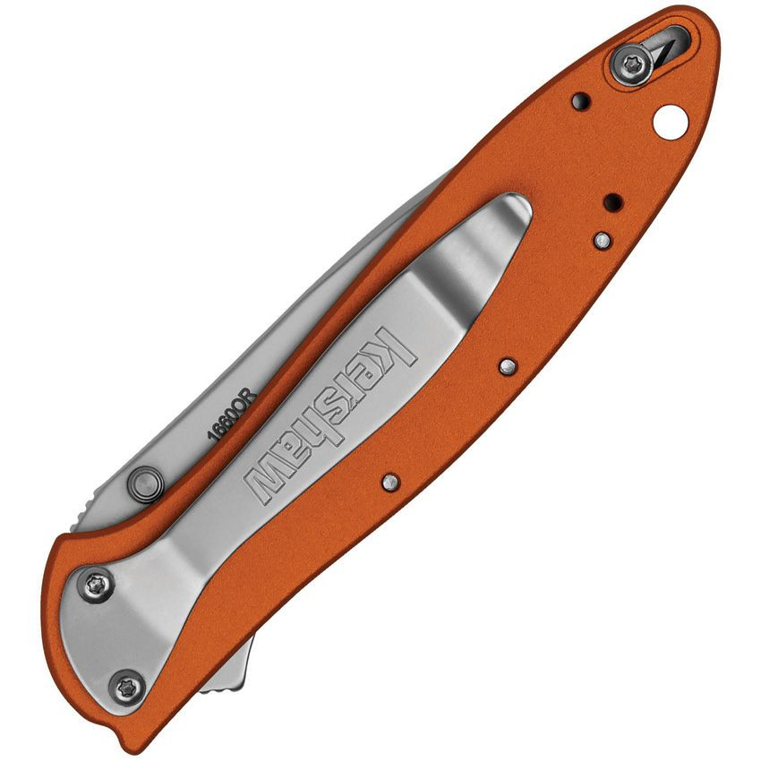 Kershaw Leek 1660OR assisted opening knife showing the stonewashed 14C28N blade and vibrant orange aluminum handle.