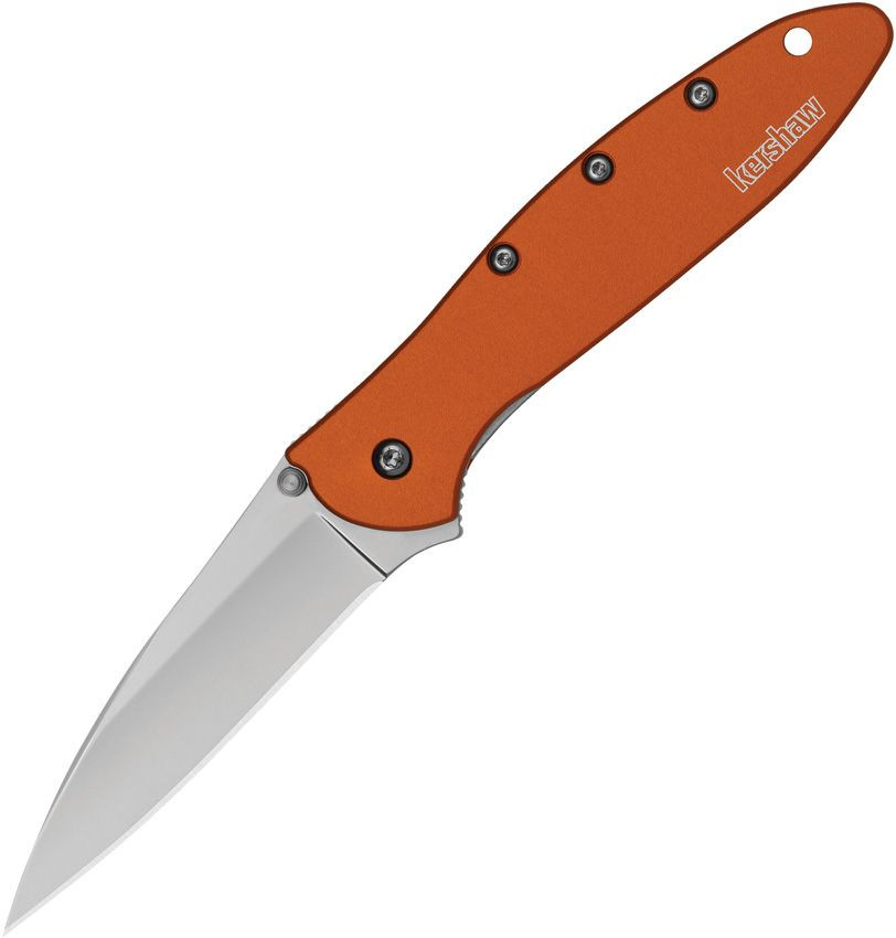 Kershaw Leek 1660OR assisted opening knife showing the stonewashed 14C28N blade and vibrant orange aluminum handle.