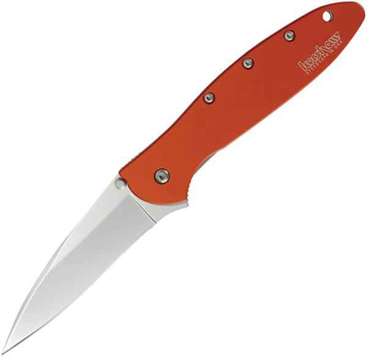 Kershaw Leek Assisted Opening Knife (1660OR)- 3.00" Stonewashed Sandvik 14C28N Drop Point Blade, Orange Aluminum Handle