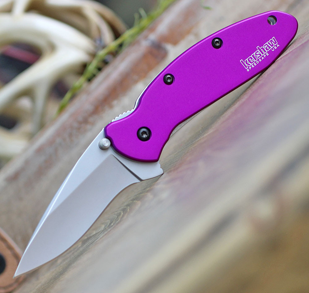 Kershaw Scallion 1620PUR assisted opening knife open view showing the stonewashed blade and purple aluminum handle.