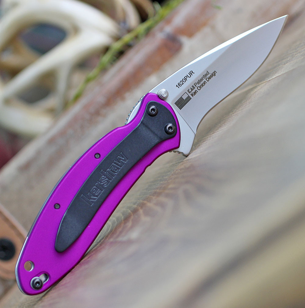 Kershaw Scallion 1620PUR assisted opening knife open view showing the stonewashed blade and purple aluminum handle.