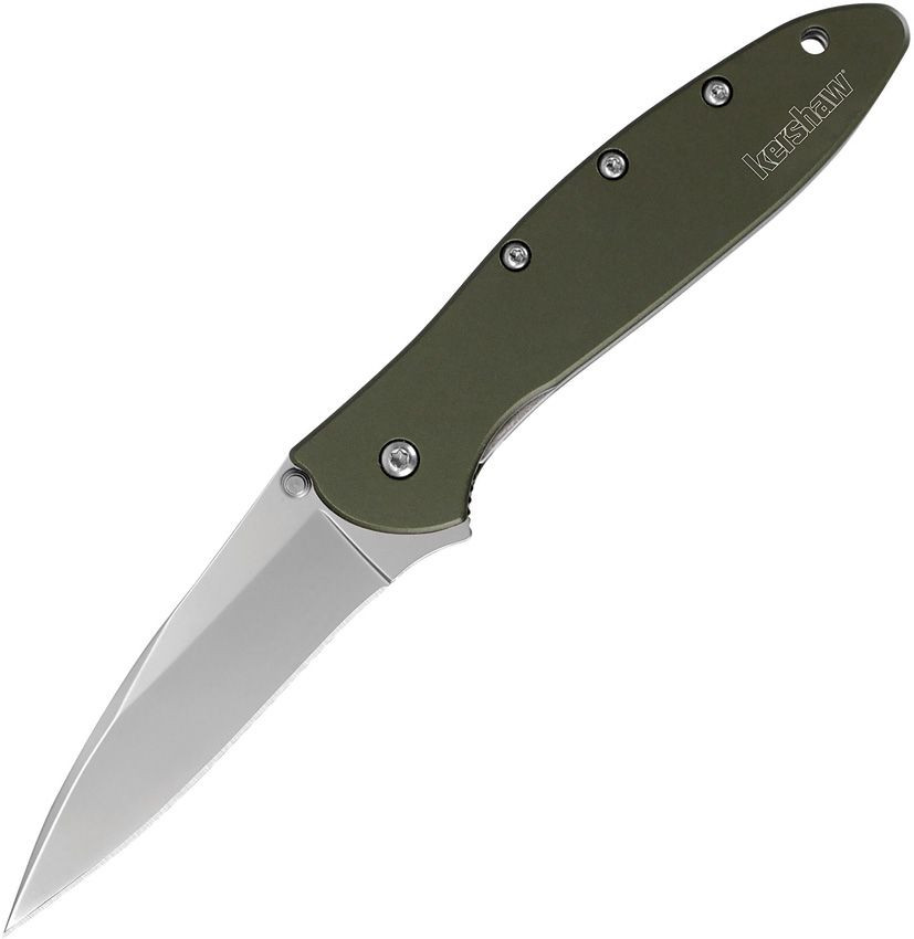 Kershaw Leek 1660OL assisted opening knife showing the stonewashed Sandvik 14C28N blade and olive drab (OD) green aluminum handle.