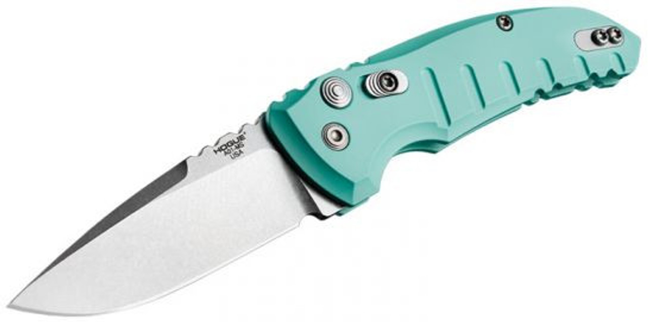 Hogue A01 Microswitch (HO24113) 2.75" CPM-154CM Stonewashed Drop Point Plain Blade, Aqua Blue Anodized Aluminum Handle