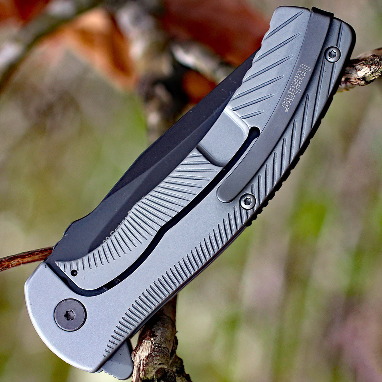 Kershaw Seguin Assisted Opening Knife (3490)- 3.10" Gray 8Cr13MoV Drop Point Blade, Stonewashed Stainless Steel Handle