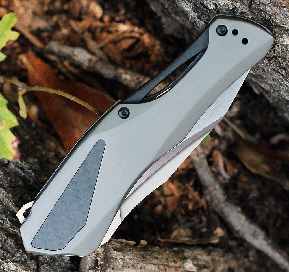Kershaw Collateral 5500 assisted opening knife showing the satin D2 spear point blade and TiNi-coated handle with carbon fiber inlay.
