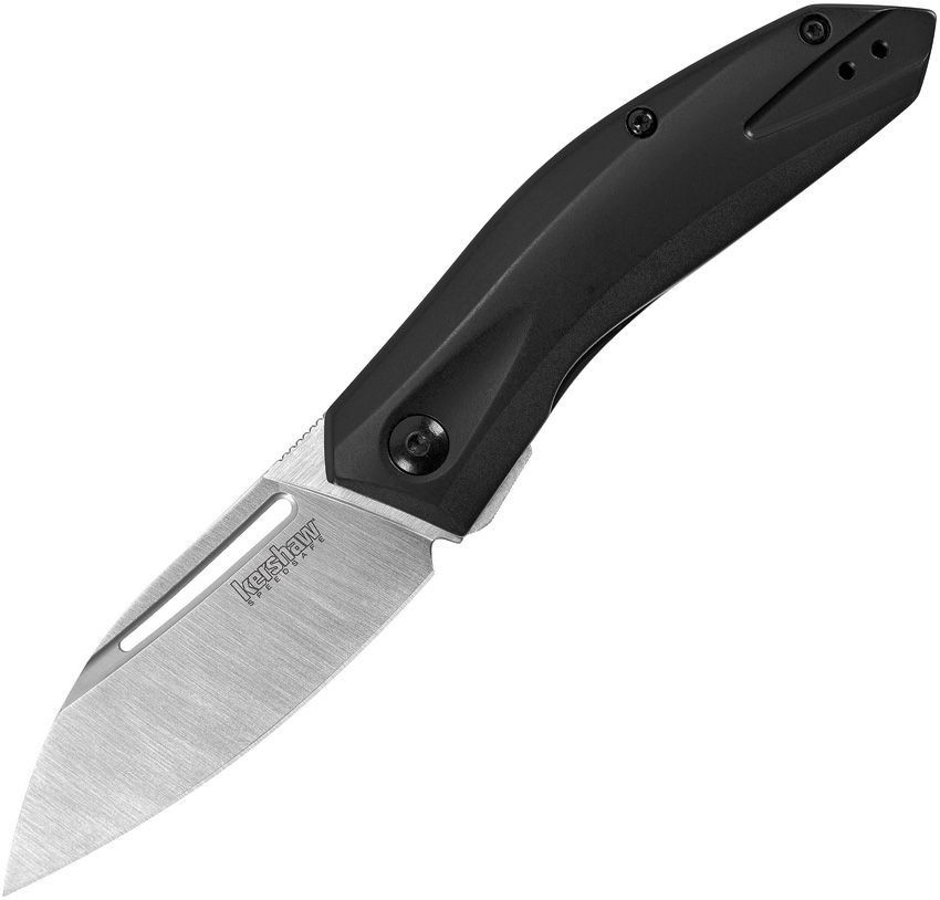 Kershaw Turismo 5505 assisted opening knife profile view showing the satin D2 leaf-shaped blade and black stainless steel handle.