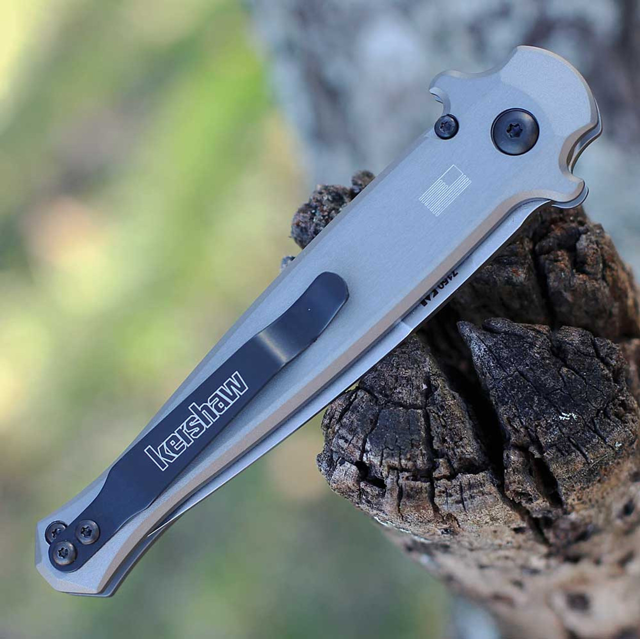 Kershaw Launch 8 Automatic Knife (7150)- 3.50" Stonewashed CPM-154 Spear Point Plain Blade, Gray Aluminum w/ Carbon Fiber Inlay Handle