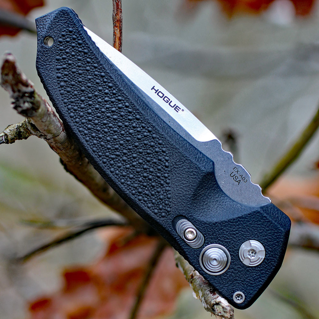 Hogue EX-A03 Auto (HO34336) 3.5" 154CM Stonewashed Drop Point Plain Blade, Black Polymer Handle w/ Cobblestone Texture