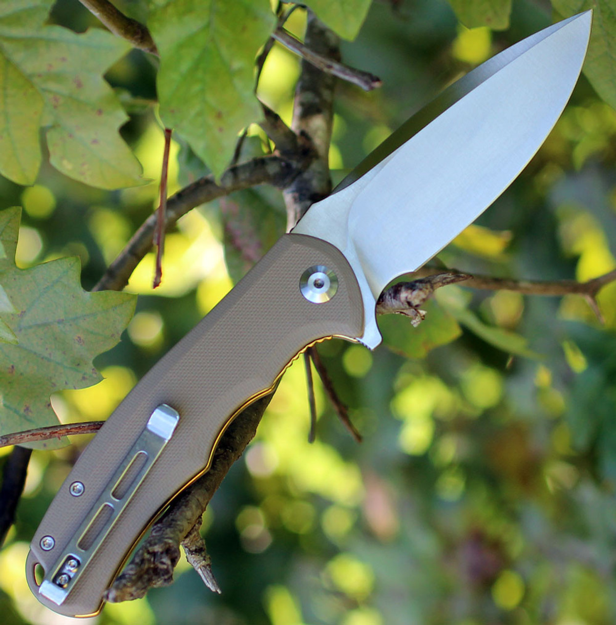 CIVIVI Praxis Folding Knife (C803B)- 3.75" Satin 9Cr18MoV Drop Point Blade, Tan G-10 Handles