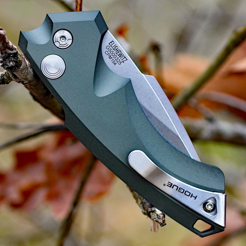 Hogue EX-A05 Auto (HO34531) 3.5" CPM-154CM Stonewashed Spear Point Plain Blade, OD Green Aluminum Handle