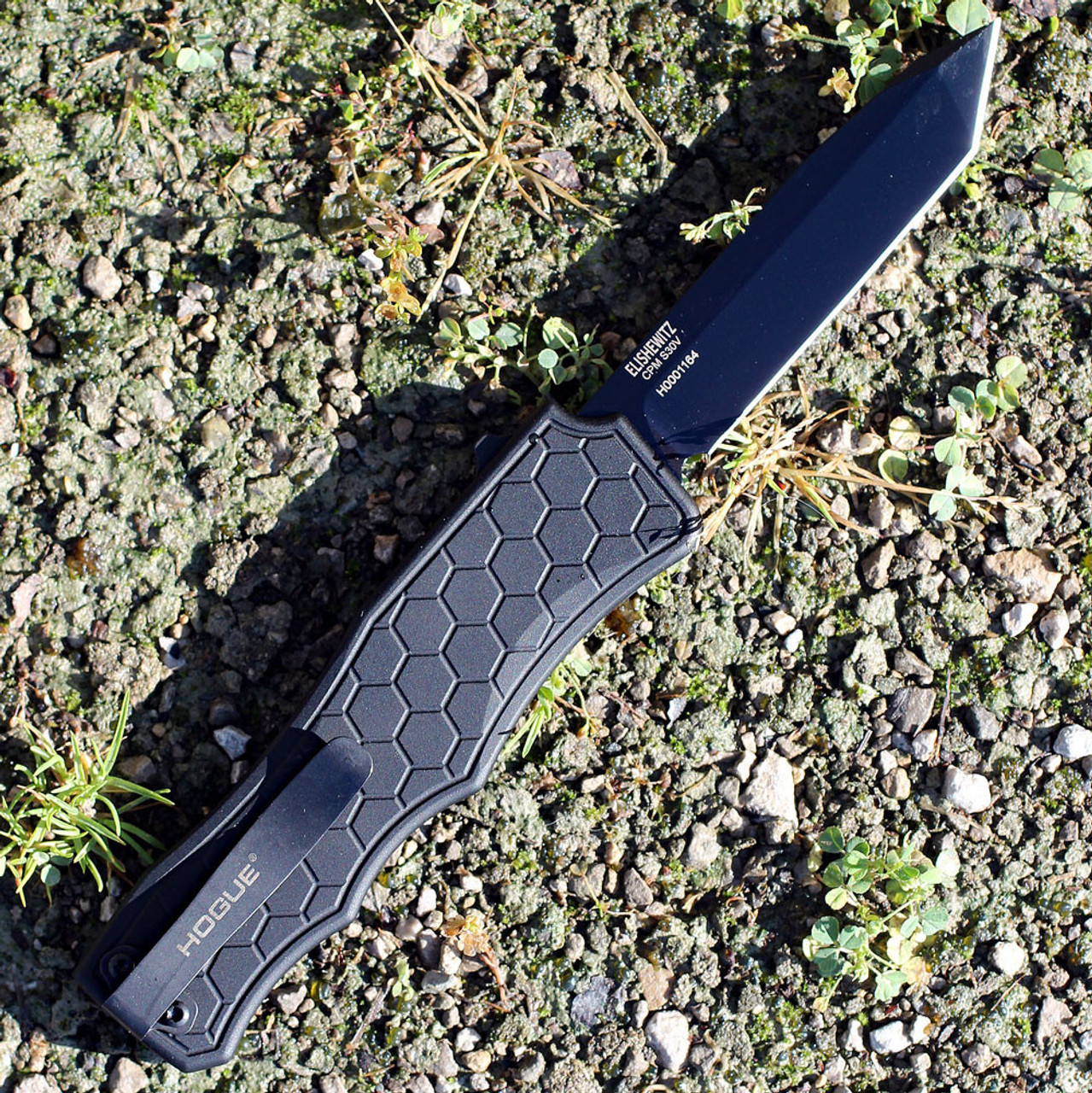 Hogue Exploit OTF (HO34046) 3.5" CPM S30V Black PVD Coated Tanto Plain Blade, Black Anodized Aluminum Handle w/ Double Action Thumb Slide