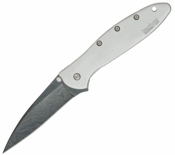 Kershaw Leek 1660DAM Damascus blade view showing the layered steel pattern and bead-blasted gray stainless steel handle.