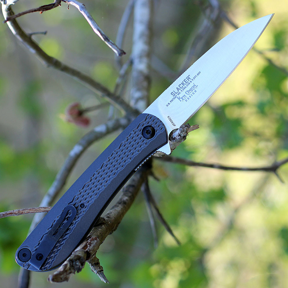 Ken Onion designed CRKT Slacker black checkered aluminum handle.