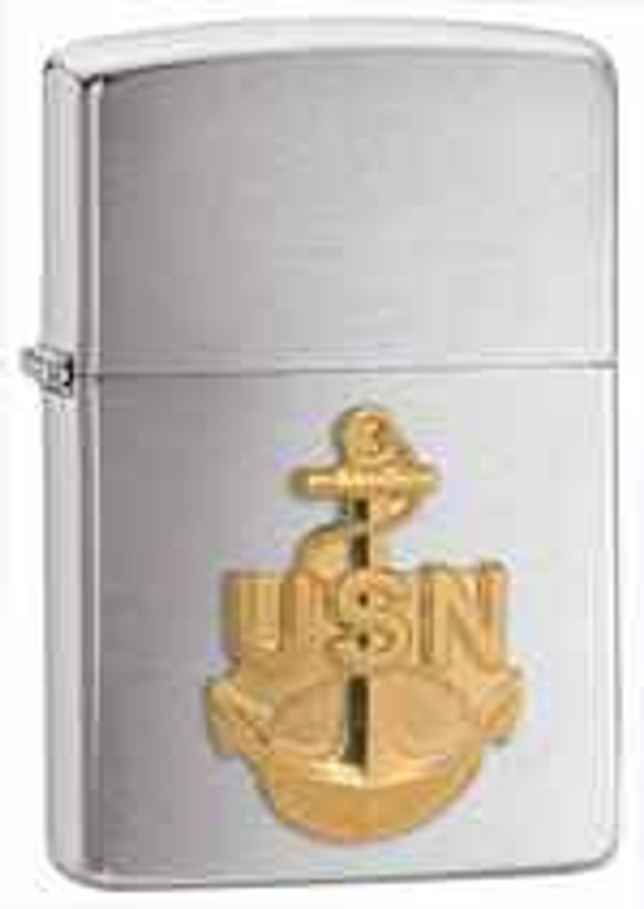 Zippo Z280ANC Classic Lighter, Gold USN Emblem, Brushed Chrome