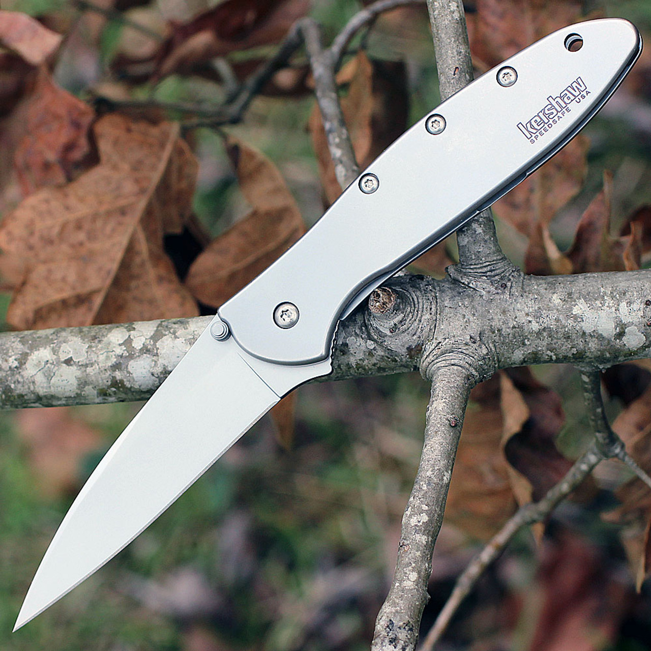 Kershaw Leek Assisted Opening Knife (1660)- 3.00" Stonewashed Sandvik 14C28N Drop Point, Silver Stainless Steel Handle