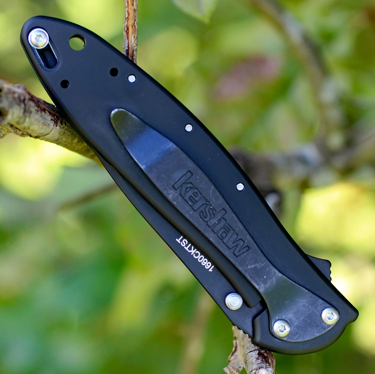 Kershaw Leek Assisted Opening Knife (1660CKTST)- 3.00 Black Sandvik 14C28N Partially Serrated Drop Point Blade, Black Stainless Steel Handle