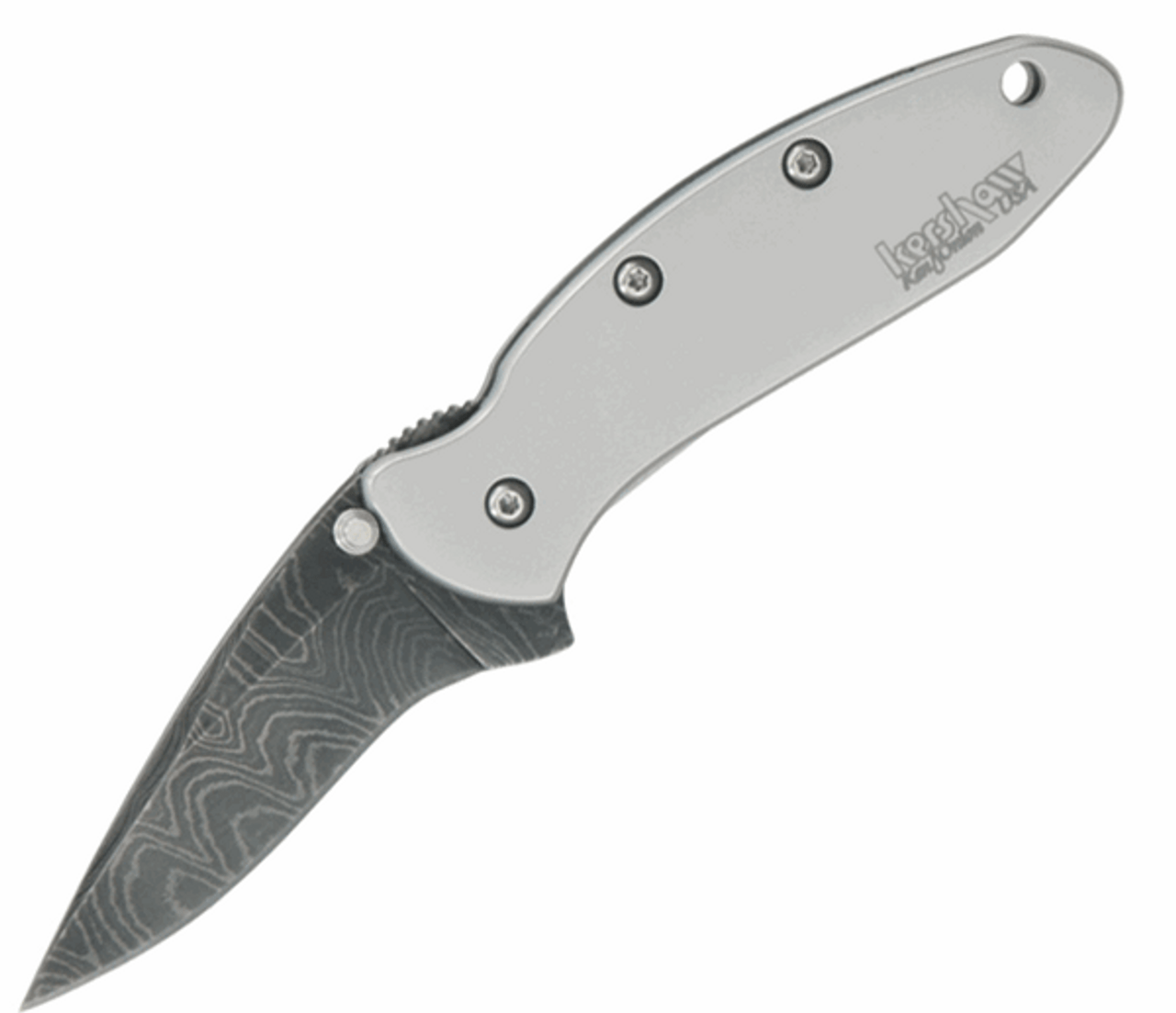 Kershaw Chive Assisted Opening Knife (1660DAM)- 1.90" Damascus Drop Point Blade, Gray Stainless Steel Handle