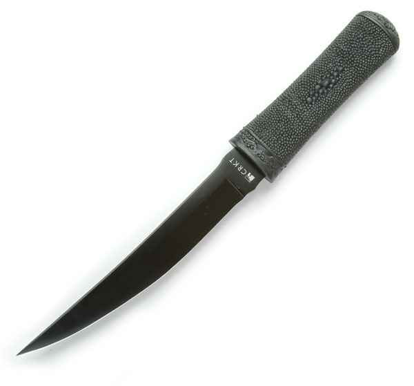 CRKT Hissatsu (CR2907K) 7.13" 440A Black TiNi Coated Trailing Point Plain Blade, Black Rubber Handle, Black Zytel Sheath