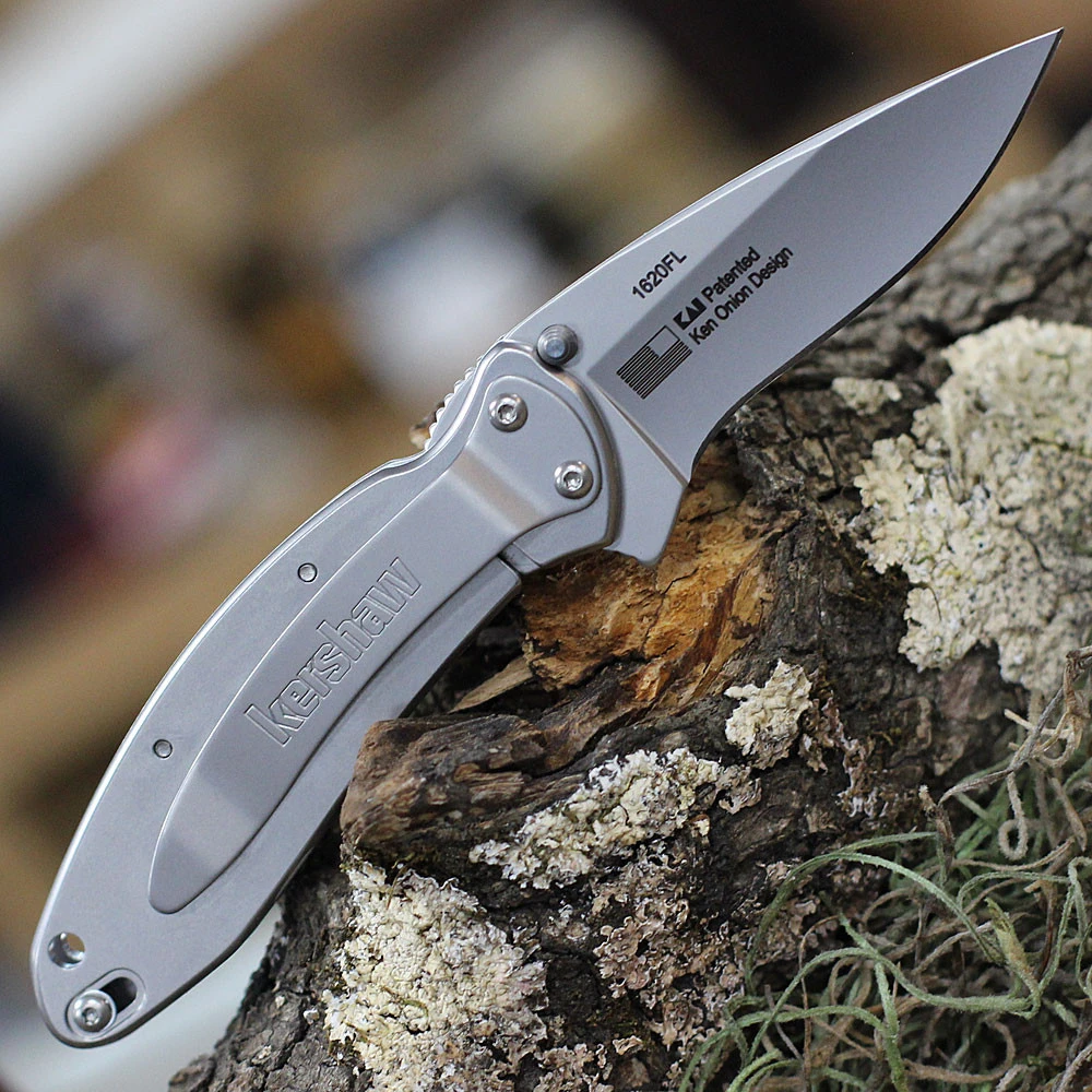 Kershaw Scallion 1620FL stainless steel assisted opening knife profile view showing stonewashed finish.