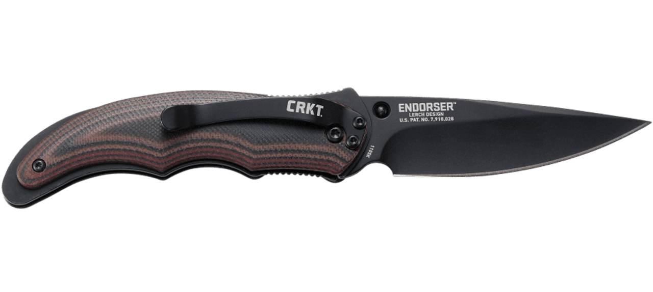 CRKT Endorser Assisted Opening (CR1105K) 3.18" 8Cr14MoV Black Oxide Coated Drop Point Plain Blade, Black and Brown G-10 Handle