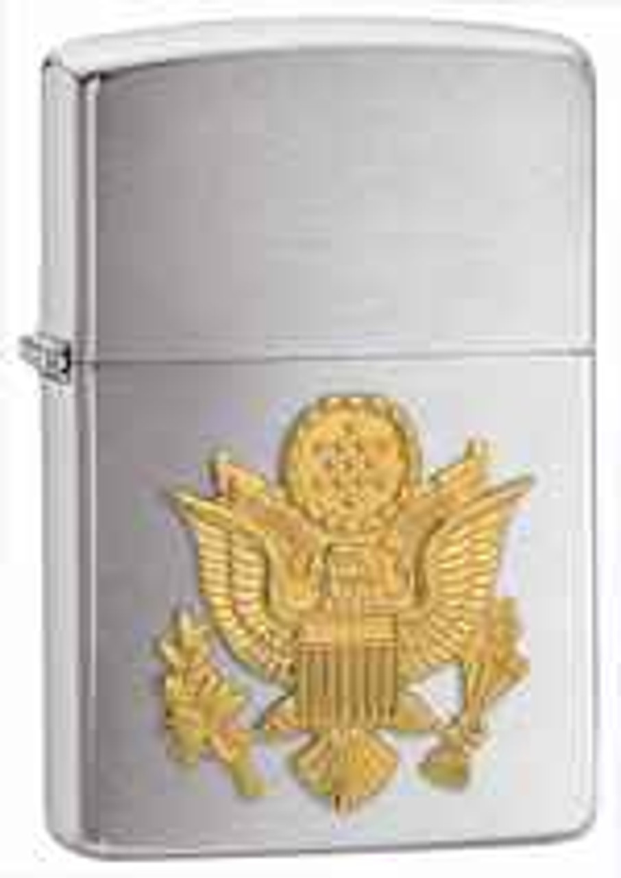 Zippo Classic Lighter, Gold Army Emblem, Brushed Chrome