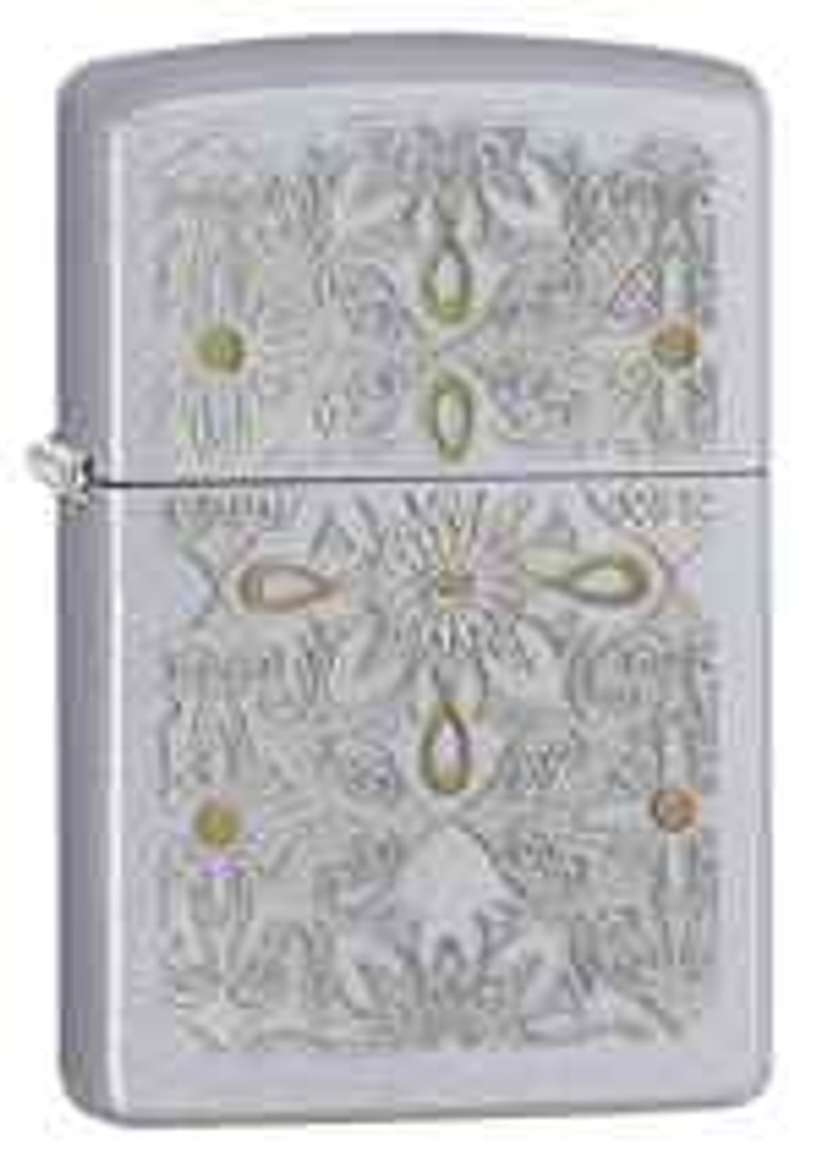 Zippo Z28457 Classic, Floral w/ Gold Accents, Satin Chrome