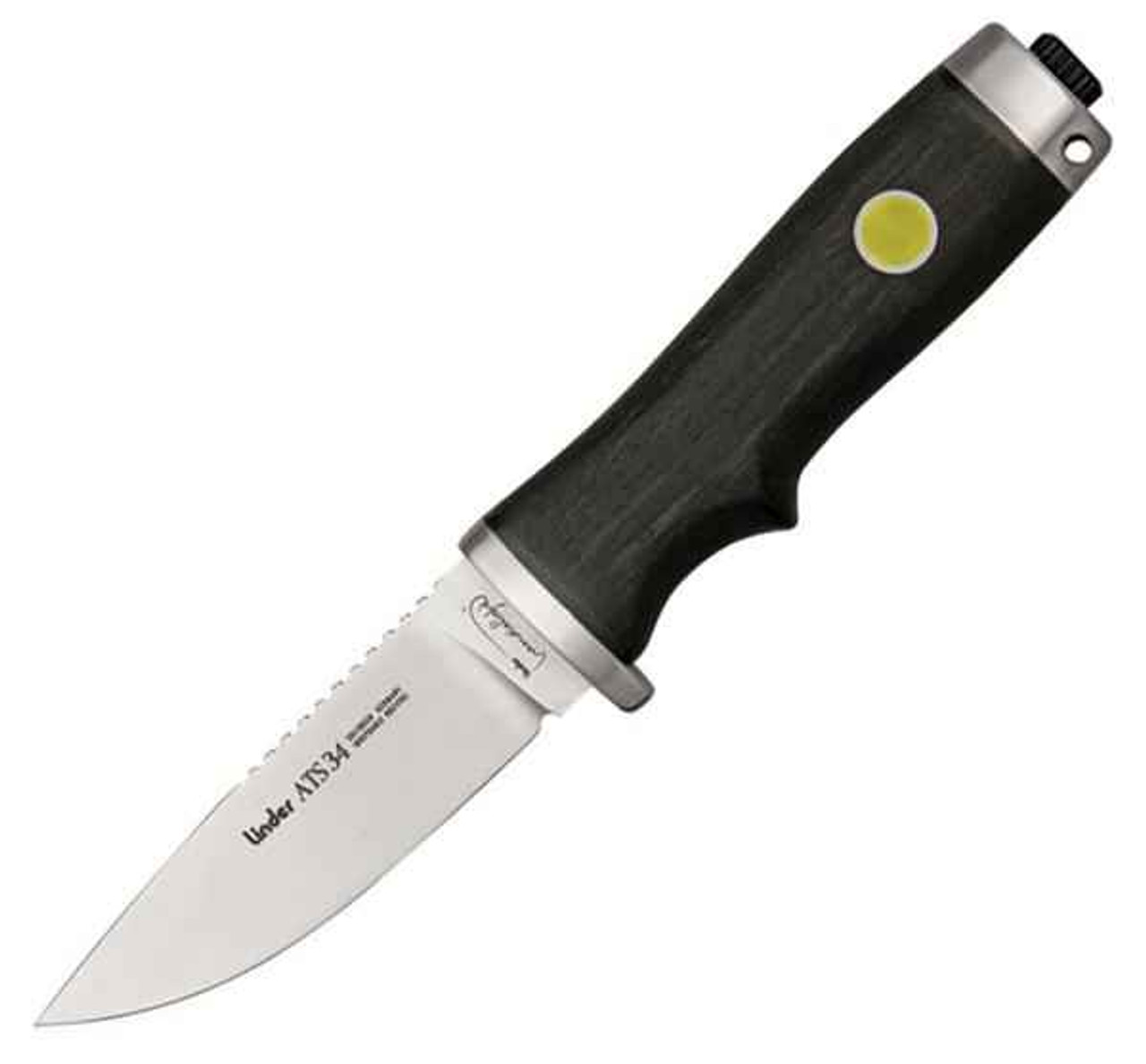 Linder Handlelight, 3 1/2" ATS-34 Stainless Drop Point Blade, w/ Black Leather Belt Sheath