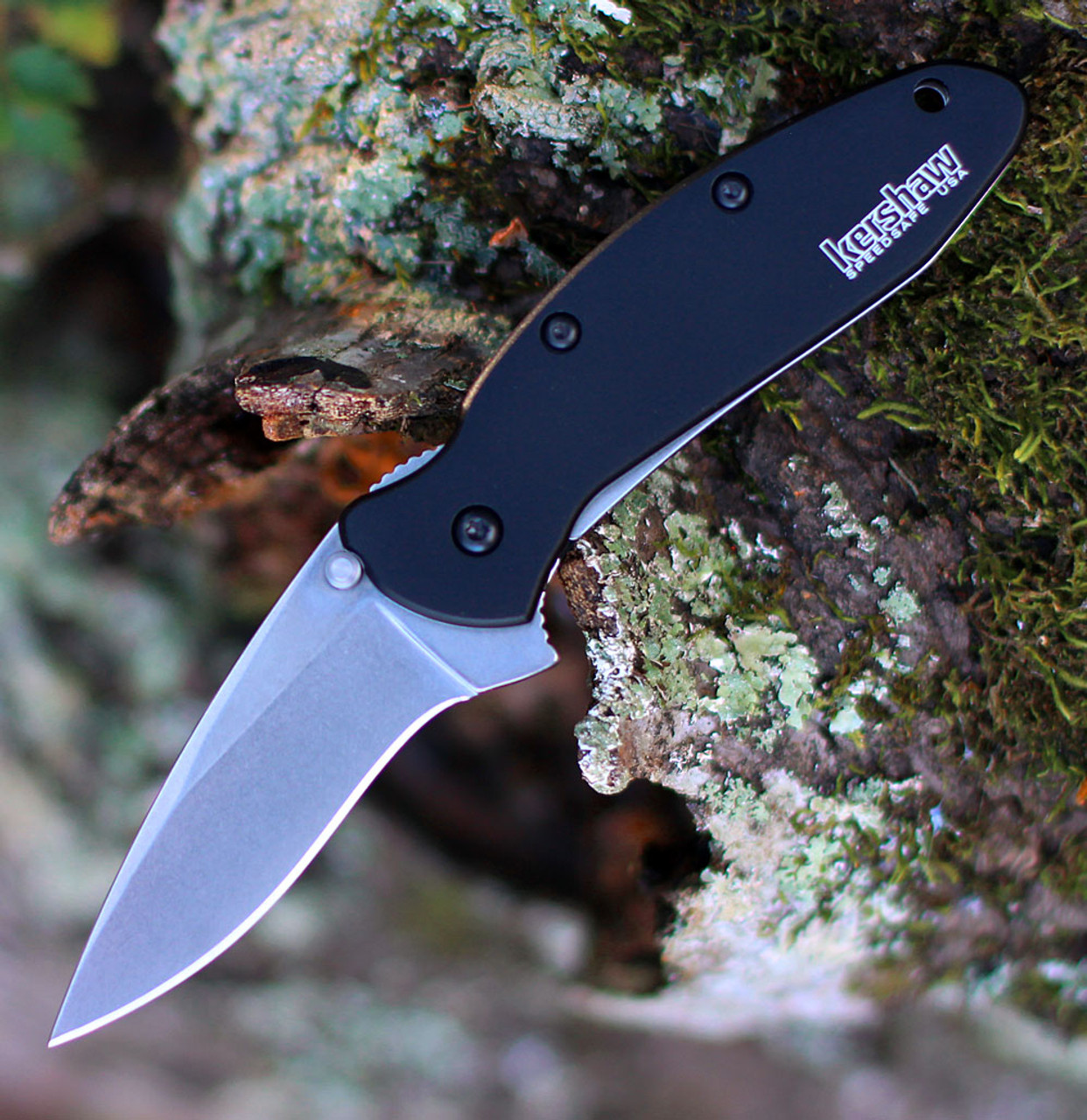 Kershaw Scallion Assisted Opening Knife (1620SWBLK)- 2.40" Stonewashed 420HC Drop Point Blade, Black Aluminum Handle