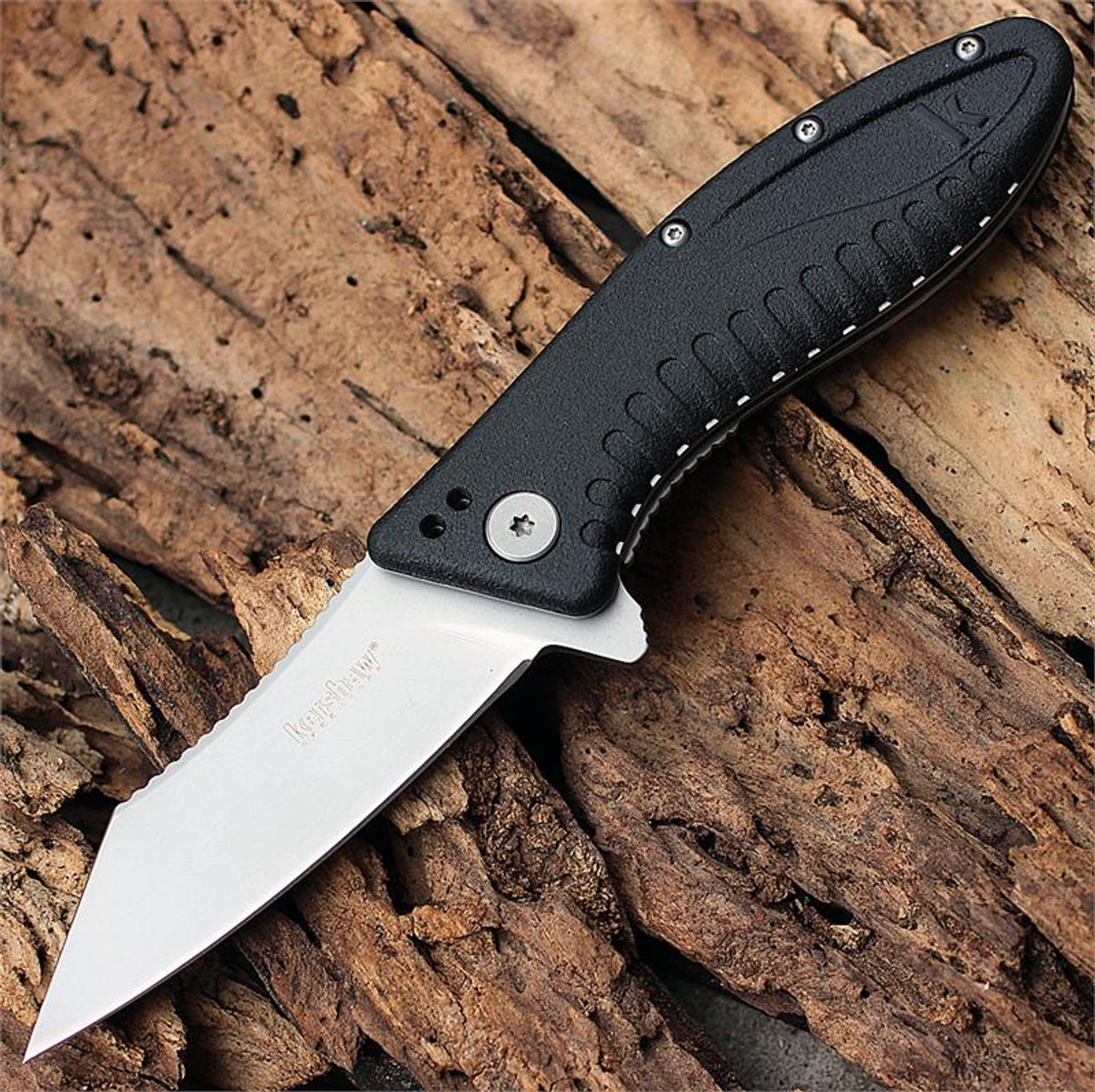 Kershaw Grinder Assisted Opening Knife (1319)- 3.25" Stonewashed 4Cr14 Clip Point Blade, Black GFN Handle