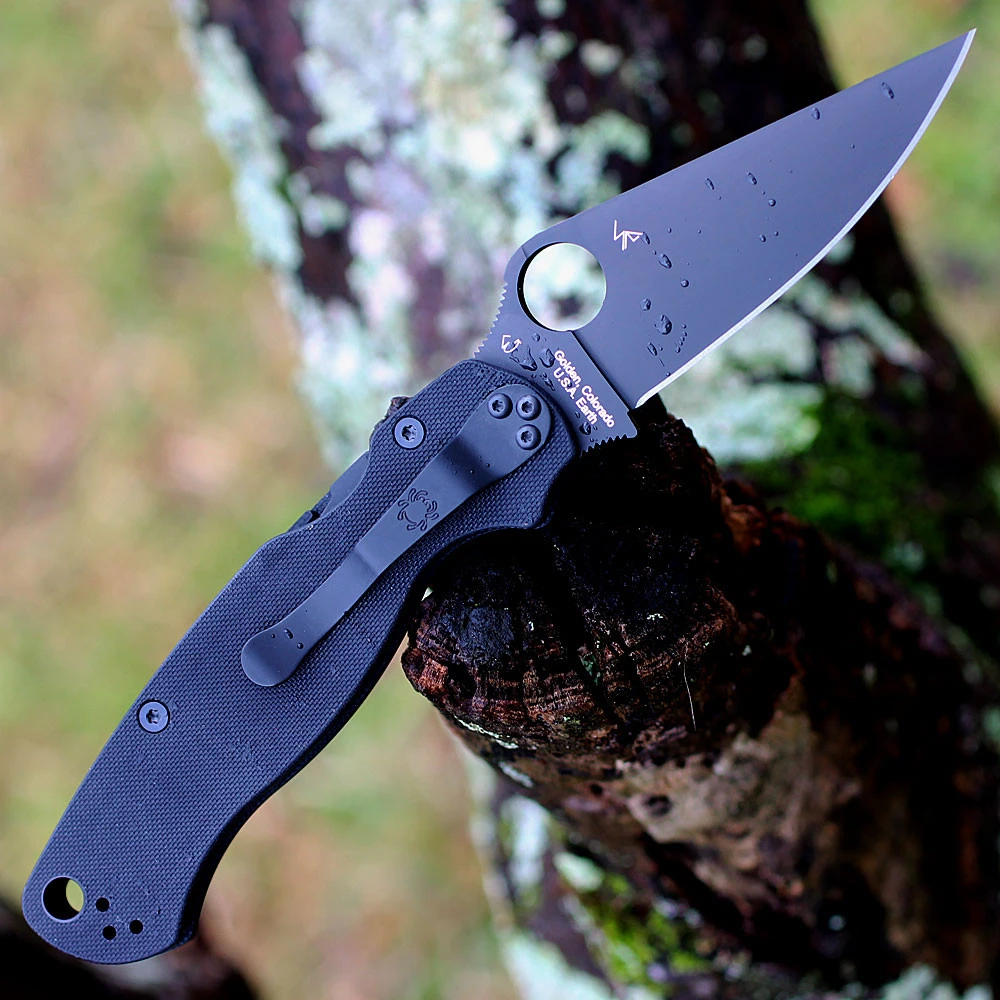 Spyderco Para Military 2 C81GPBK2 with black DLC CPM S45VN plain edge blade and black G-10 handle, open view