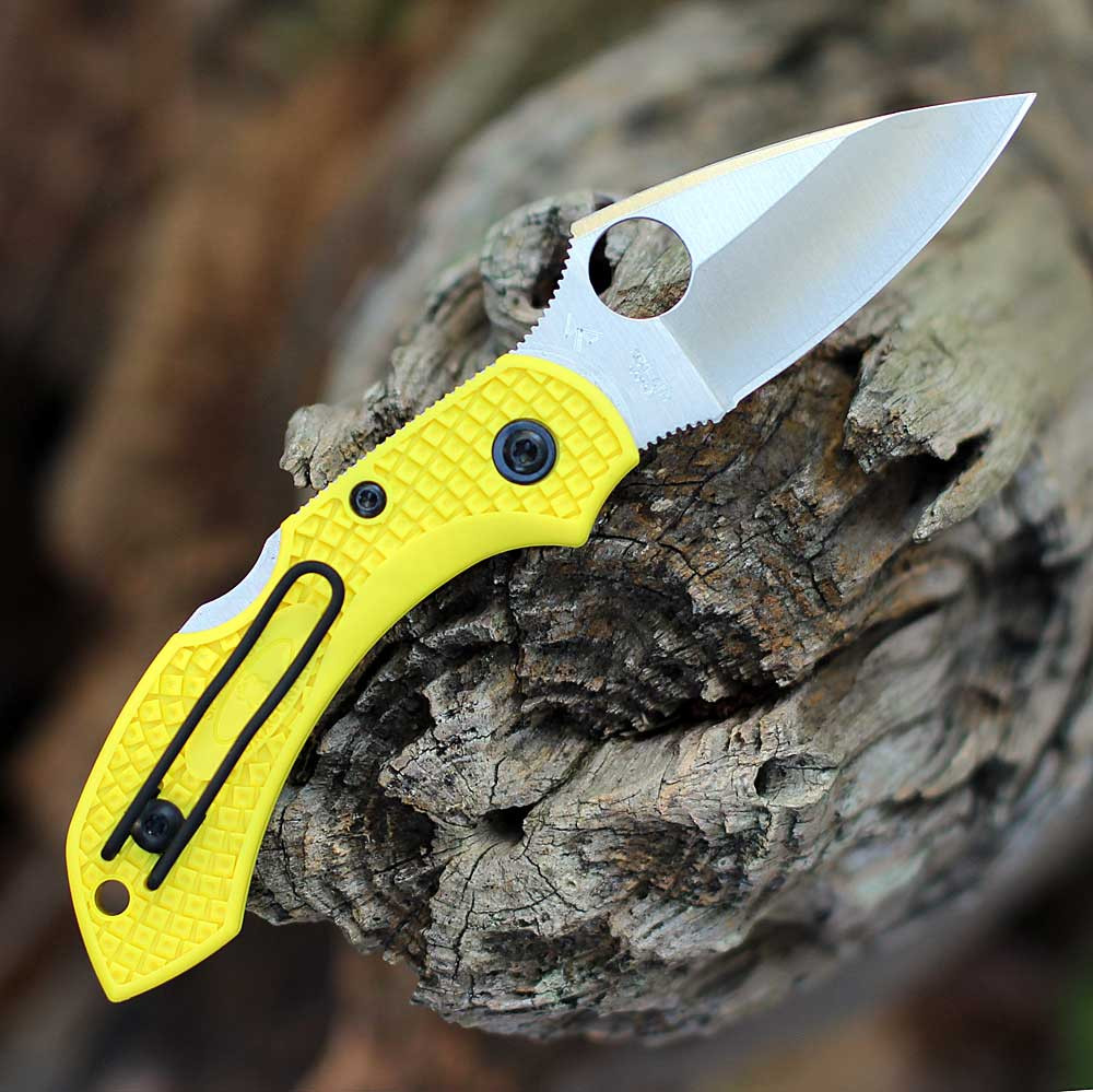 Compact Spyderco C28PYL2 salt series knife in open position showing H-2 steel.