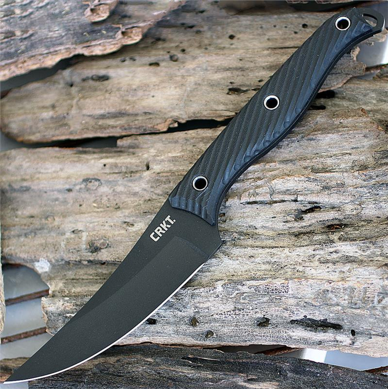 CRKT Clever Girl (CR2709) 4.5" SK5 Carbon Steel Black Powder Coated Trailing Point Plain Blade, Black G-10 Handle, Black GRN MOLLE Compatible Belt Sheath