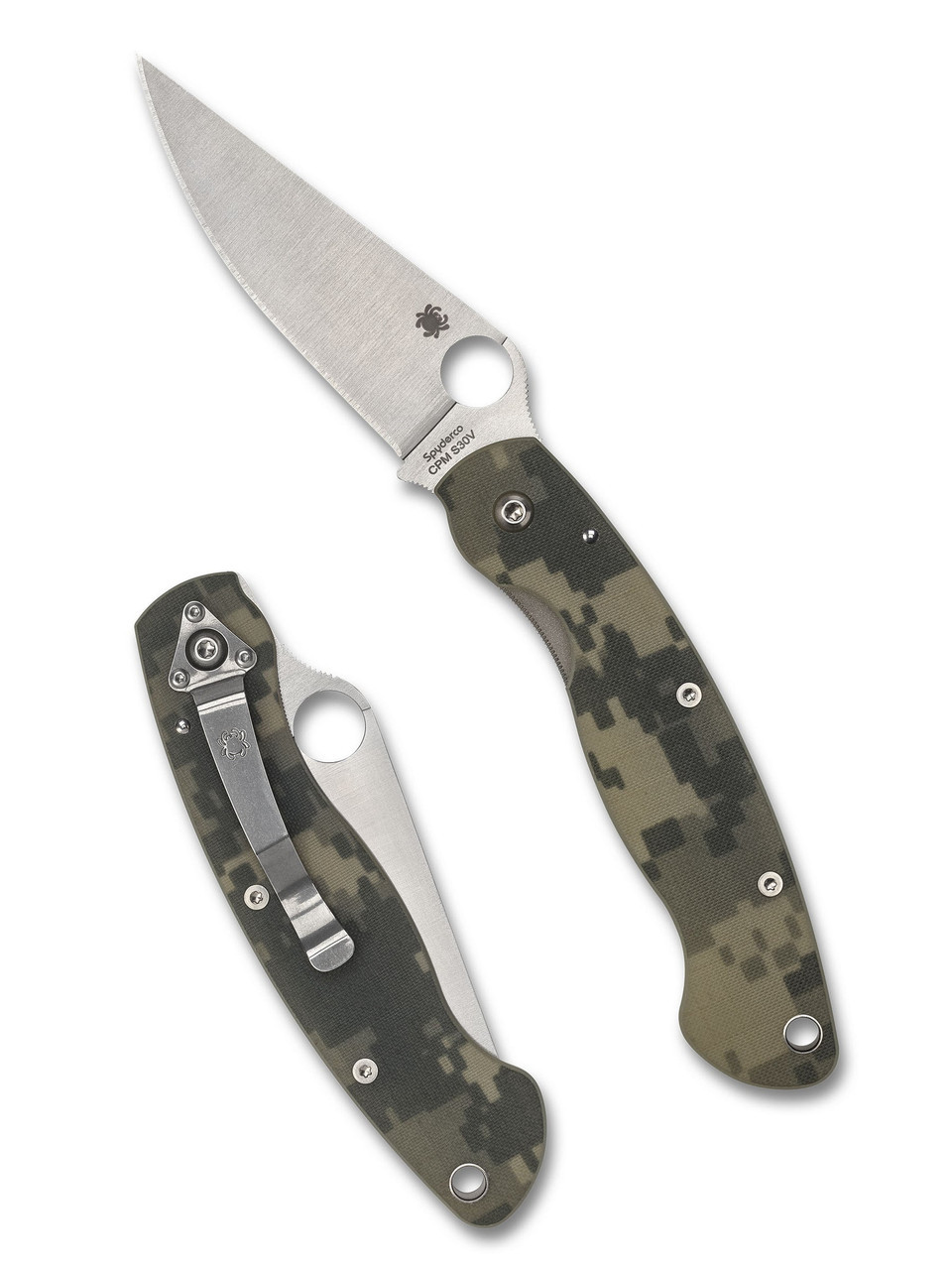 Spyderco Military 4 folded view showing reversible tip‑down clip, USA‑made